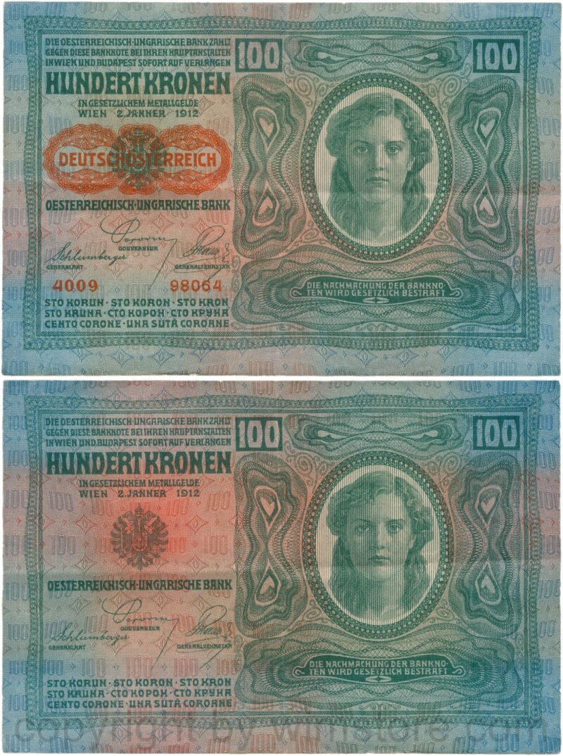 Österreich, 1. republik, p056.2, 100 kronen 2.1.1912, aufdruck "deutschÖsterreich" (1919), dünnes papier