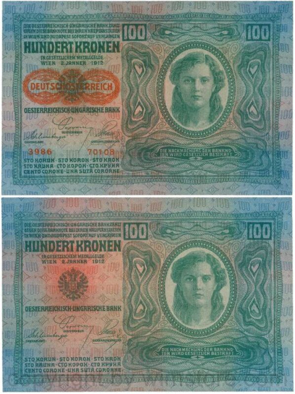 Österreich, 1. republik, p056.2, 100 kronen 2.1.1912, aufdruck "deutschÖsterreich" (1919), dünnes papier; 1