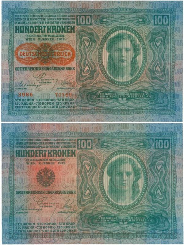 Österreich, 1. republik, p056.2, 100 kronen 2.1.1912, aufdruck "deutschÖsterreich" (1919), dünnes papier; 1