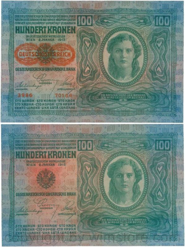 Österreich, 1. republik, p056.2, 100 kronen 2.1.1912, aufdruck "deutschÖsterreich" (1919), dünnes papier; 1