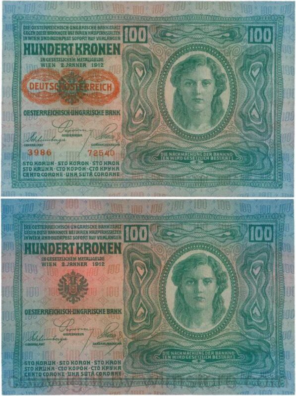 Österreich, 1. republik, p056.2, 100 kronen 2.1.1912, aufdruck "deutschÖsterreich" (1919), dünnes papier; 1