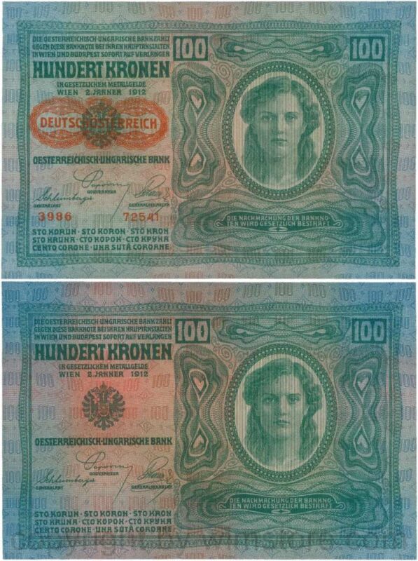 Österreich, 1. republik, p056.2, 100 kronen 2.1.1912, aufdruck "deutschÖsterreich" (1919), dünnes papier; 1