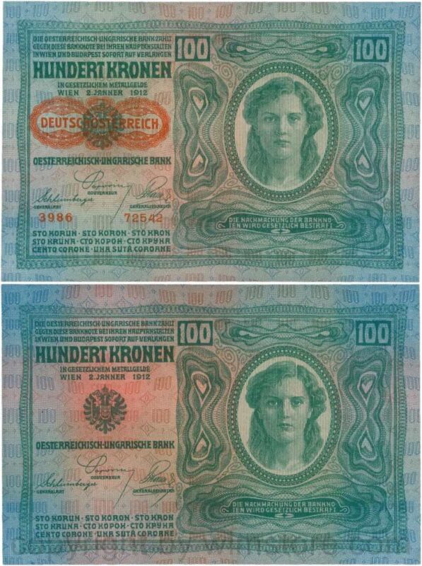 Österreich, 1. republik, p056.2, 100 kronen 2.1.1912, aufdruck "deutschÖsterreich" (1919), dünnes papier; 1