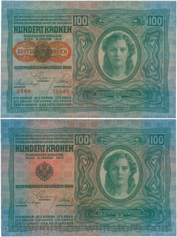 Österreich, 1. republik, p056.2, 100 kronen 2.1.1912, aufdruck "deutschÖsterreich" (1919), dünnes papier; 1