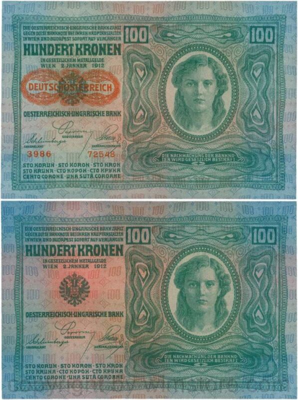 Österreich, 1. republik, p056.2, 100 kronen 2.1.1912, aufdruck "deutschÖsterreich" (1919), dünnes papier; 1