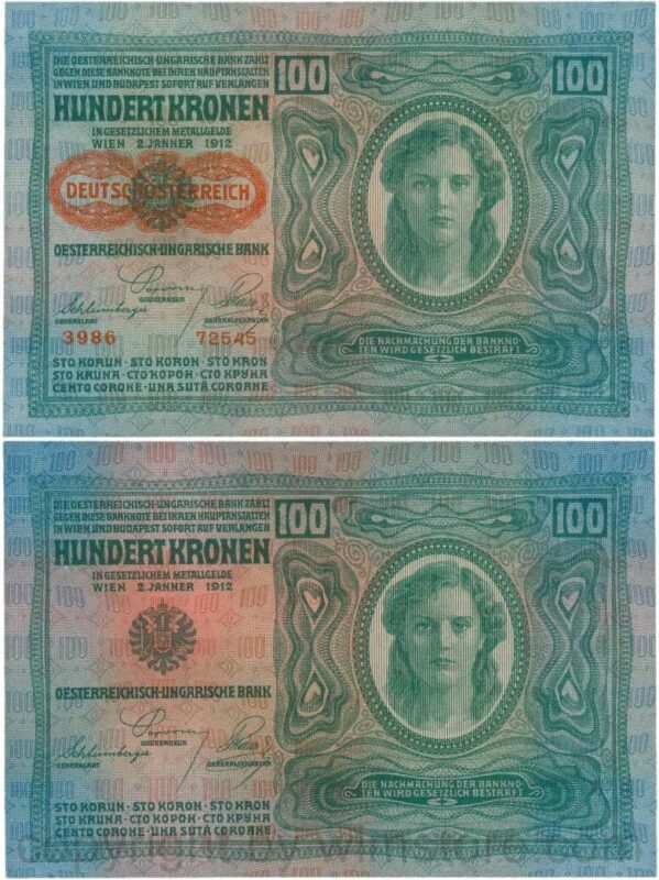 Österreich, 1. republik, p056.2, 100 kronen 2.1.1912, aufdruck "deutschÖsterreich" (1919), dünnes papier; 1