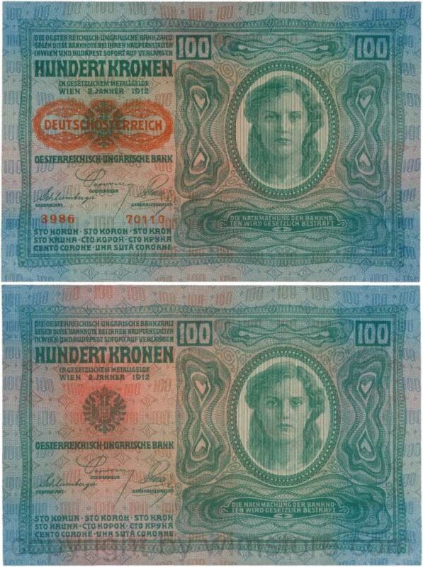 Österreich, 1. republik, p056.2, 100 kronen 2.1.1912, aufdruck "deutschÖsterreich" (1919), dünnes papier; 2