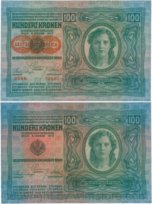Österreich, 1. republik, p056.2, 100 kronen 2.1.1912, aufdruck "deutschÖsterreich" (1919), dünnes papier; 2