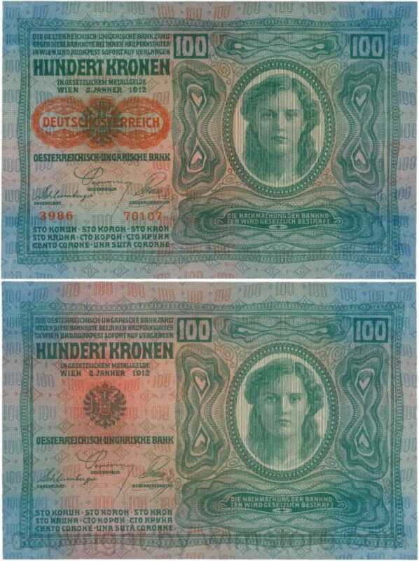 Österreich, 1. republik, p056.2, 100 kronen 2.1.1912, aufdruck "deutschÖsterreich" (1919), dünnes papier; 2