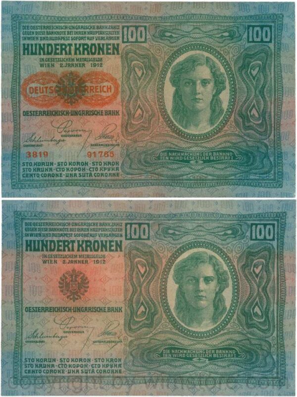 Österreich, 1. republik, p056.2, 100 kronen 2.1.1912, aufdruck "deutschÖsterreich" (1919), dünnes papier; 2