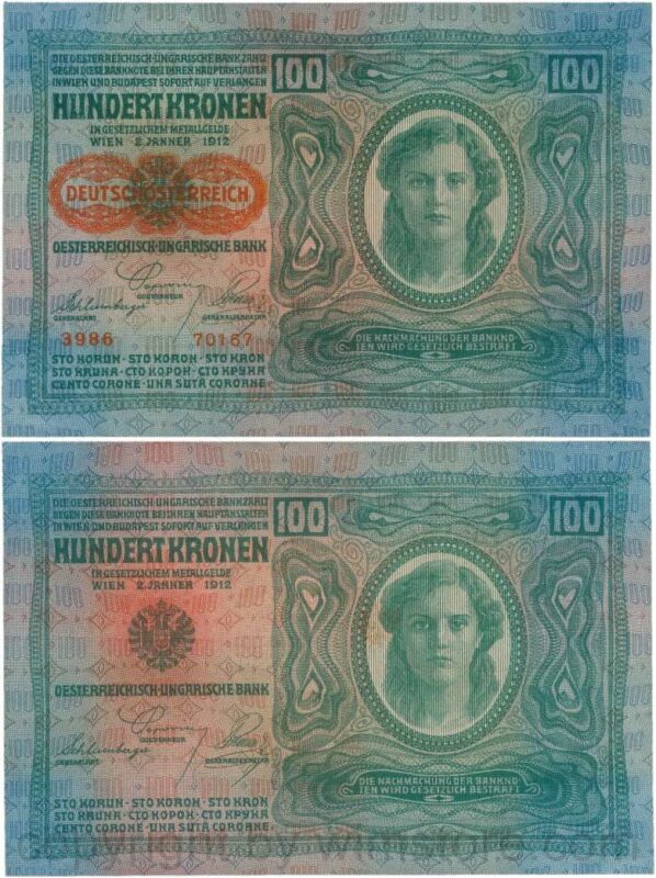 Österreich, 1. republik, p056.2, 100 kronen 2.1.1912, aufdruck "deutschÖsterreich" (1919), dünnes papier; 2