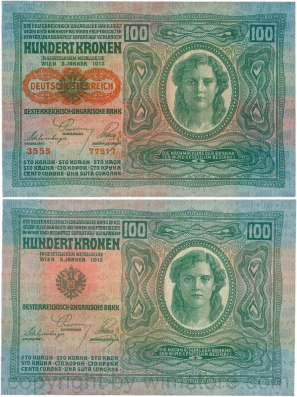 Österreich, 1. republik, p056.2, 100 kronen 2.1.1912, aufdruck "deutschÖsterreich" (1919), dünnes papier; 2