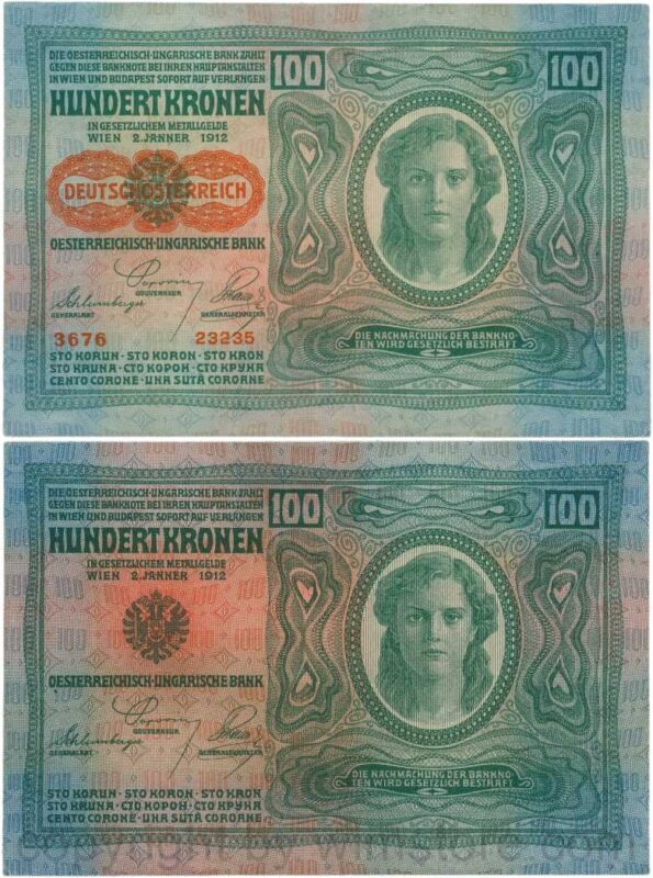 Österreich, 1. republik, p056.2, 100 kronen 2.1.1912, aufdruck "deutschÖsterreich" (1919), dünnes papier; 3
