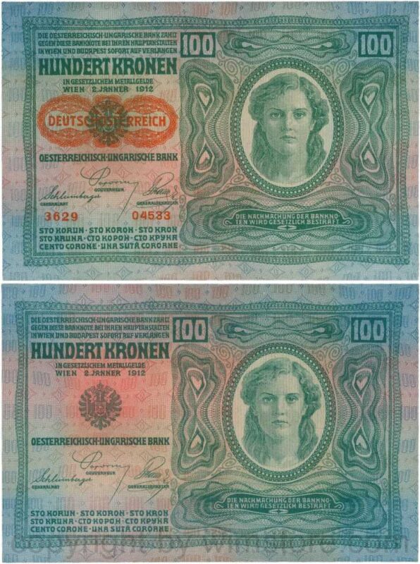 Österreich, 1. republik, p056.2, 100 kronen 2.1.1912, aufdruck "deutschÖsterreich" (1919), dünnes papier; 3