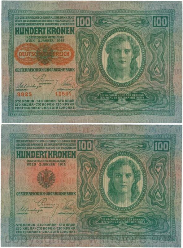Österreich, 1. republik, p056.2, 100 kronen 2.1.1912, aufdruck "deutschÖsterreich" (1919), dünnes papier; 3