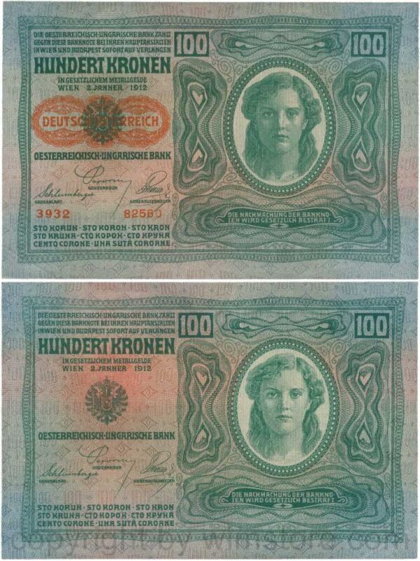 Österreich, 1. republik, p056.2, 100 kronen 2.1.1912, aufdruck "deutschÖsterreich" (1919), dünnes papier; 3