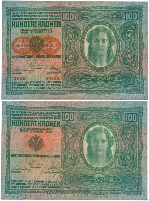 Österreich, 1. republik, p056.2, 100 kronen 2.1.1912, aufdruck "deutschÖsterreich" (1919), dünnes papier; 3