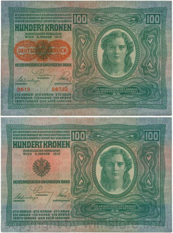 Österreich, 1. republik, p056.2, 100 kronen 2.1.1912, aufdruck "deutschÖsterreich" (1919), dünnes papier; 3