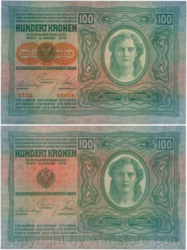 Österreich, 1. republik, p056.2, 100 kronen 2.1.1912, aufdruck "deutschÖsterreich" (1919), dünnes papier; 3