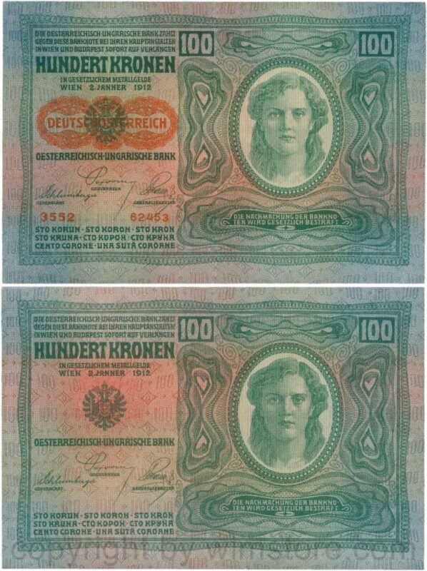 Österreich, 1. republik, p056.2, 100 kronen 2.1.1912, aufdruck "deutschÖsterreich" (1919), dünnes papier; 3