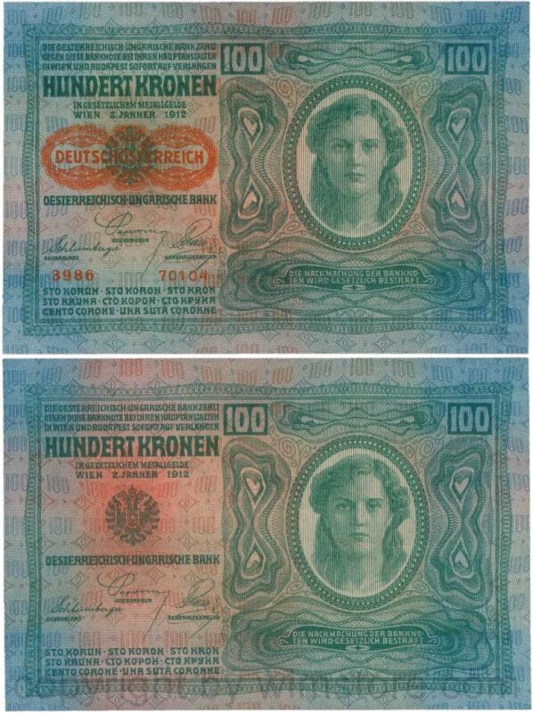 Österreich, 1. republik, p056.2, 100 kronen 2.1.1912, aufdruck "deutschÖsterreich" (1919), dünnes papier; 3