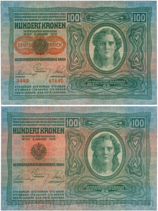 Österreich, 1. republik, p056.2, 100 kronen 2.1.1912, aufdruck "deutschÖsterreich" (1919), dünnes papier; 4