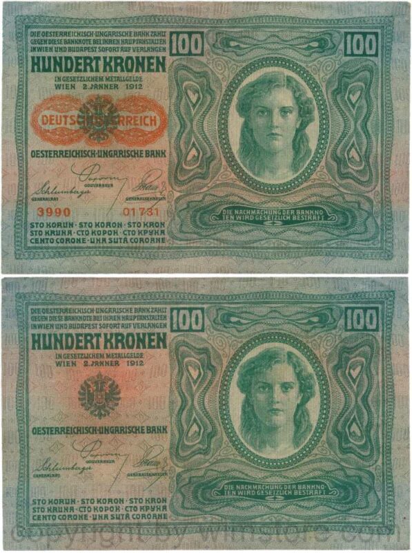 Österreich, 1. republik, p056.2, 100 kronen 2.1.1912, aufdruck "deutschÖsterreich" (1919), dünnes papier; 4