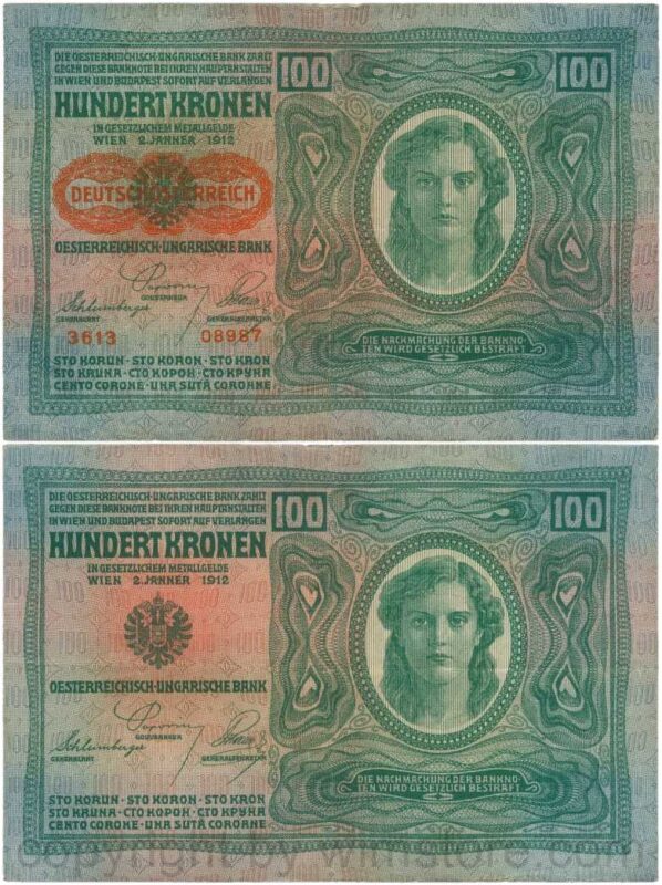 Österreich, 1. republik, p056.2, 100 kronen 2.1.1912, aufdruck "deutschÖsterreich" (1919), dünnes papier; 4