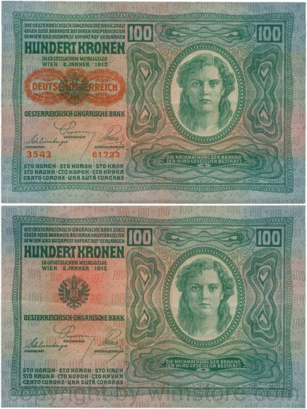 Österreich, 1. republik, p056.2, 100 kronen 2.1.1912, aufdruck "deutschÖsterreich" (1919), dünnes papier; 4