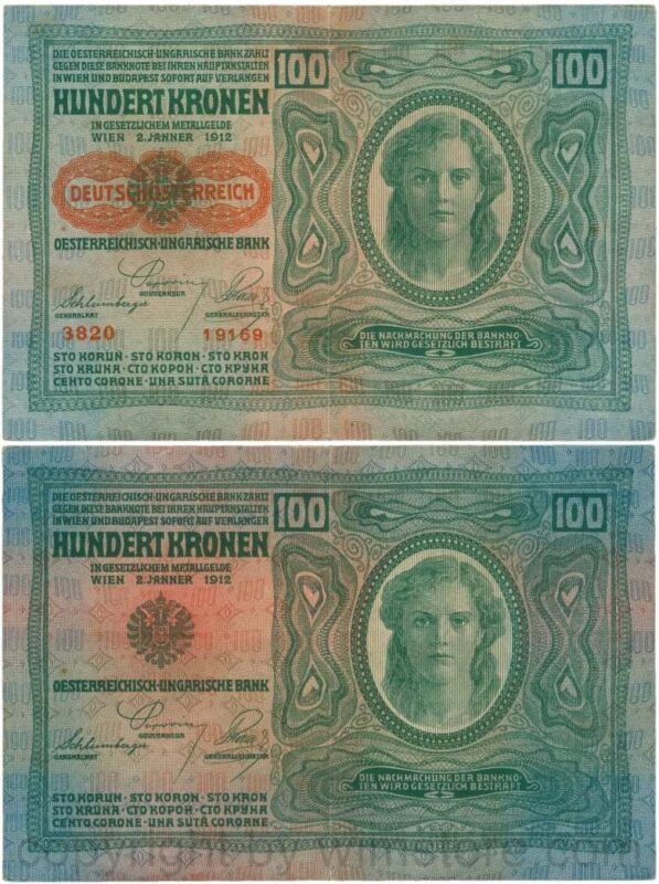 Österreich, 1. republik, p056.2, 100 kronen 2.1.1912, aufdruck "deutschÖsterreich" (1919), dünnes papier; 4