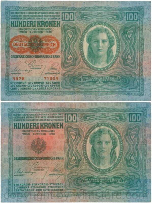 Österreich, 1. republik, p056.2, 100 kronen 2.1.1912, aufdruck "deutschÖsterreich" (1919), dünnes papier; 4