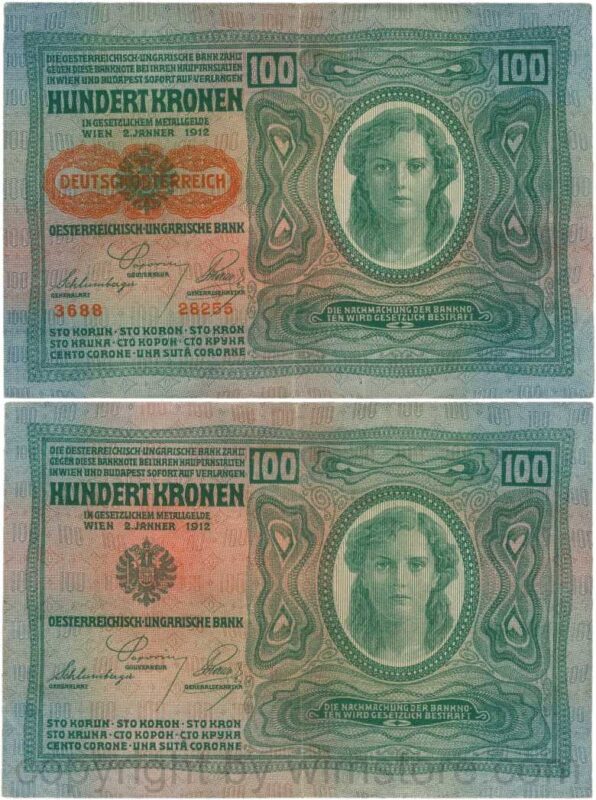 Österreich, 1. republik, p056.2, 100 kronen 2.1.1912, aufdruck "deutschÖsterreich" (1919), dünnes papier; 4