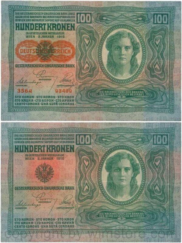 Österreich, 1. republik, p056.2, 100 kronen 2.1.1912, aufdruck "deutschÖsterreich" (1919), dünnes papier; 4