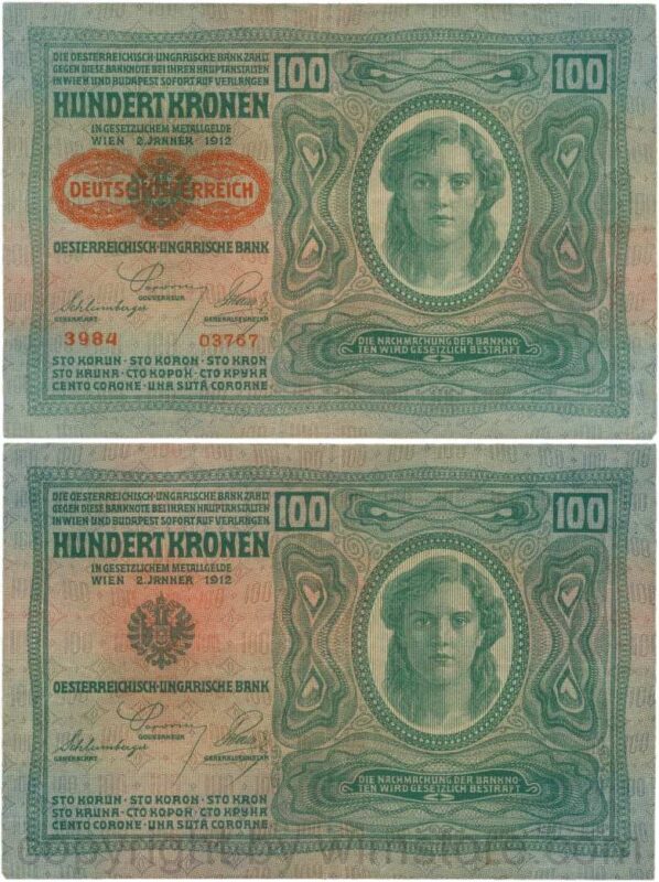 Österreich, 1. republik, p056.2, 100 kronen 2.1.1912, aufdruck "deutschÖsterreich" (1919), dünnes papier; 4