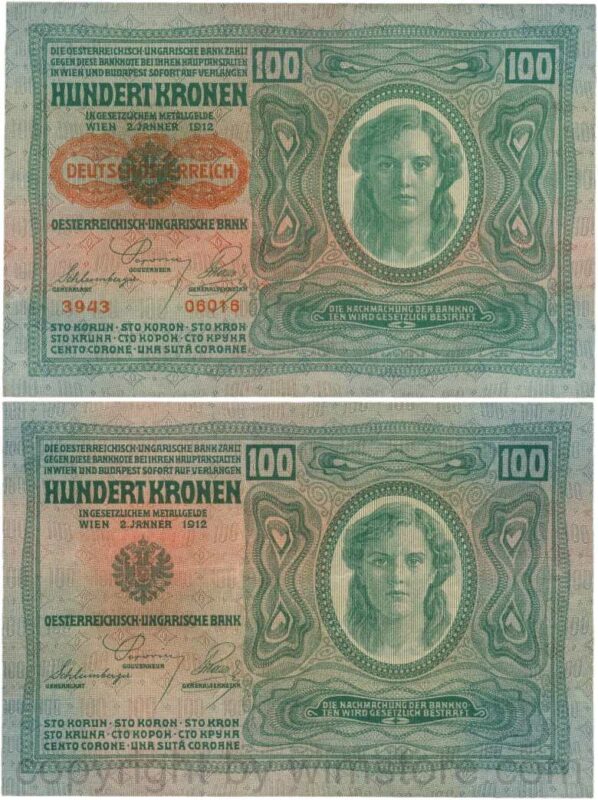 Österreich, 1. republik, p056.2, 100 kronen 2.1.1912, aufdruck "deutschÖsterreich" (1919), dünnes papier; 4