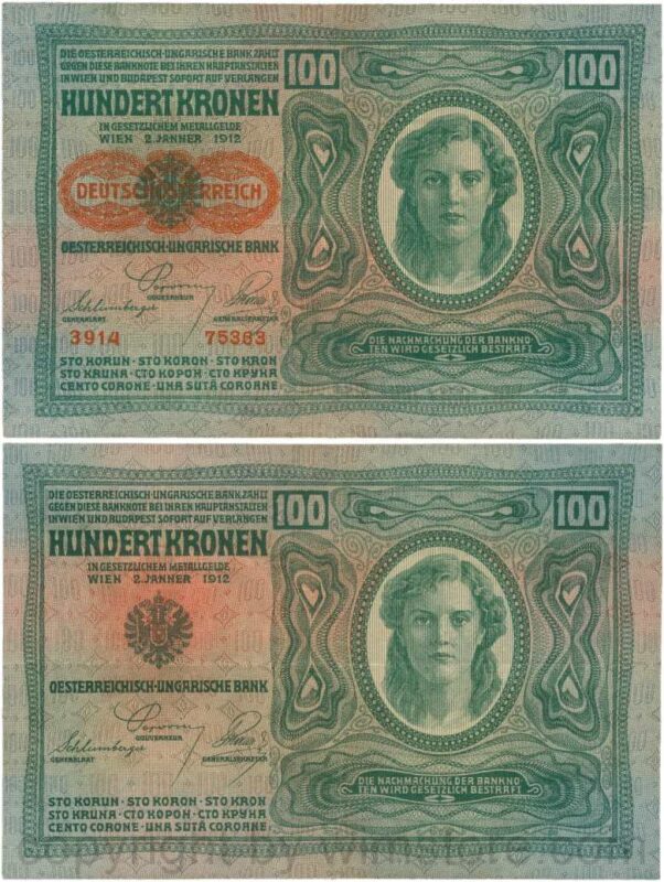 Österreich, 1. republik, p056.2, 100 kronen 2.1.1912, aufdruck "deutschÖsterreich" (1919), dünnes papier; 4