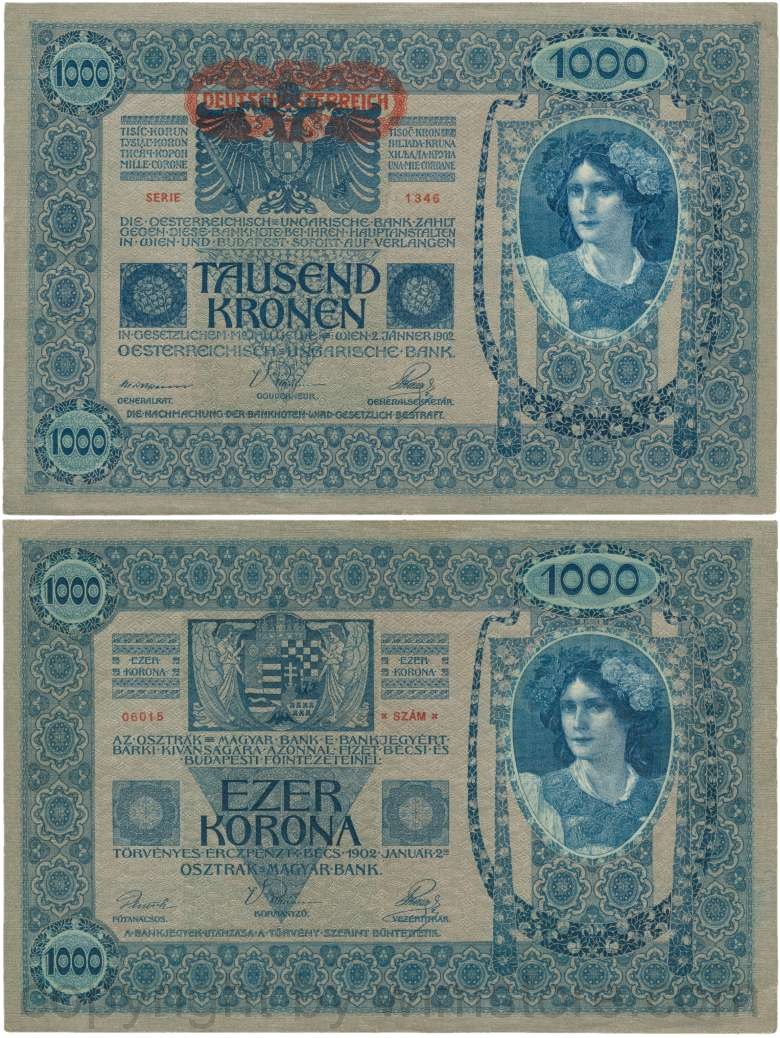 Österreich, 1. republik, p057a, 1000 kronen 2.1.1902, aufdruck "deutschÖsterreich" (1919)