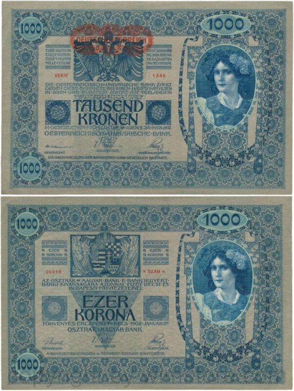 Österreich, 1. republik, p057a, 1000 kronen 2.1.1902, aufdruck "deutschÖsterreich" (1919); 2