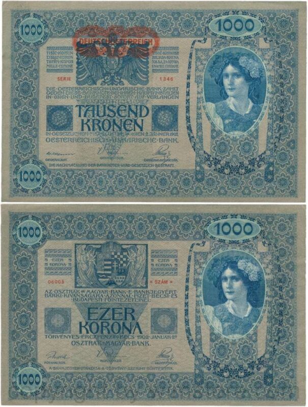 Österreich, 1. republik, p057a, 1000 kronen 2.1.1902, aufdruck "deutschÖsterreich" (1919); 2