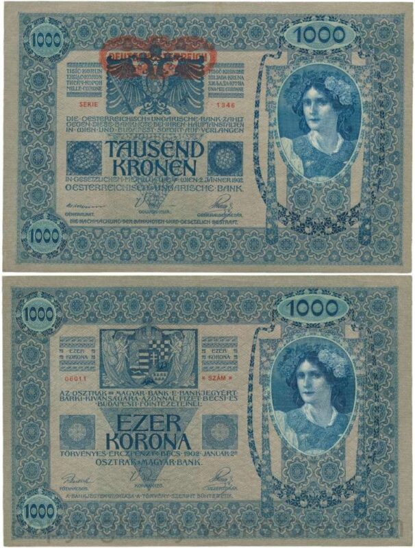 Österreich, 1. republik, p057a, 1000 kronen 2.1.1902, aufdruck "deutschÖsterreich" (1919); 2