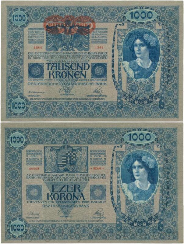 Österreich, 1. republik, p057a, 1000 kronen 2.1.1902, aufdruck "deutschÖsterreich" (1919); 2