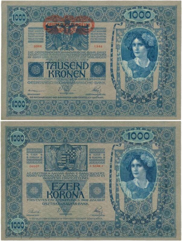 Österreich, 1. republik, p057a, 1000 kronen 2.1.1902, aufdruck "deutschÖsterreich" (1919); 2