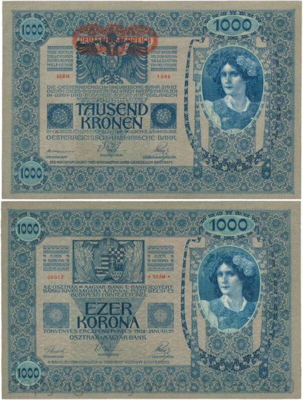 Österreich, 1. republik, p057a, 1000 kronen 2.1.1902, aufdruck "deutschÖsterreich" (1919); 2
