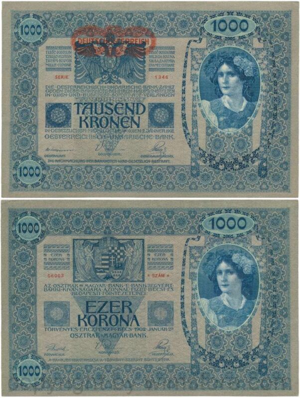 Österreich, 1. republik, p057a, 1000 kronen 2.1.1902, aufdruck "deutschÖsterreich" (1919); 2