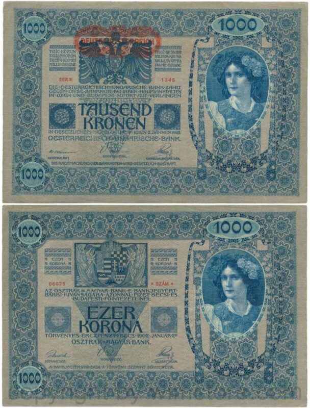 Österreich, 1. republik, p057a, 1000 kronen 2.1.1902, aufdruck "deutschÖsterreich" (1919); 3