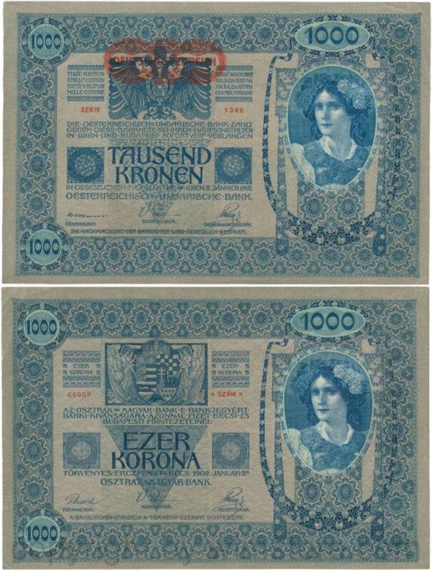 Österreich, 1. republik, p057a, 1000 kronen 2.1.1902, aufdruck "deutschÖsterreich" (1919); 3