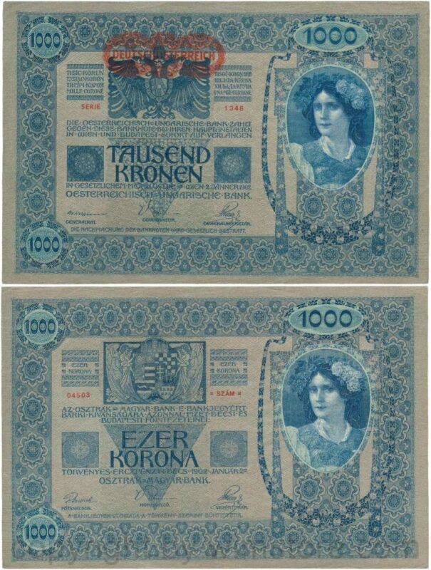 Österreich, 1. republik, p057a, 1000 kronen 2.1.1902, aufdruck "deutschÖsterreich" (1919); 3