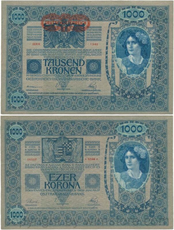 Österreich, 1. republik, p057a, 1000 kronen 2.1.1902, aufdruck "deutschÖsterreich" (1919); 3