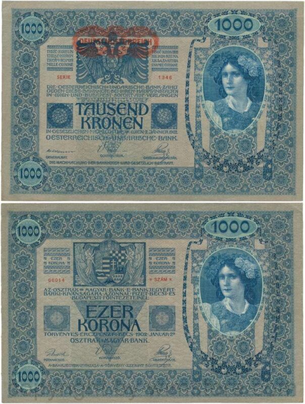 Österreich, 1. republik, p057a, 1000 kronen 2.1.1902, aufdruck "deutschÖsterreich" (1919); 3