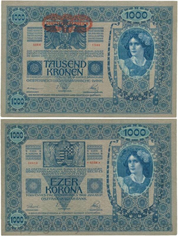 Österreich, 1. republik, p057a, 1000 kronen 2.1.1902, aufdruck "deutschÖsterreich" (1919); 3